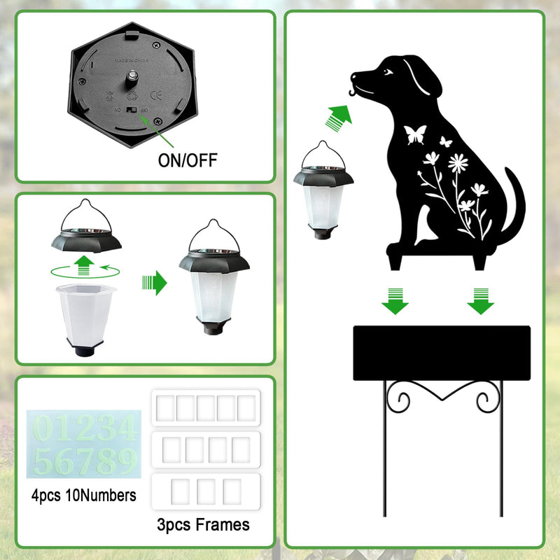 Solar House Numbers for Outside,YY Gardenia Metal Dog Address Signs for Houses with Glow in the Dark,Outdoor Decorative for Garden,Lawn,Patio,Pathway Black