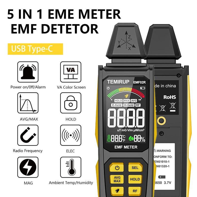 5-in‑1 EMF Detector, Electromagnetic Field Radiation Detector for EF, RF, MF, WiFi,5G Signal, Temperature/Humidity Measurement, Rechargeable EMF Meter for Home, Office, and Paranormal Investigation Yellow