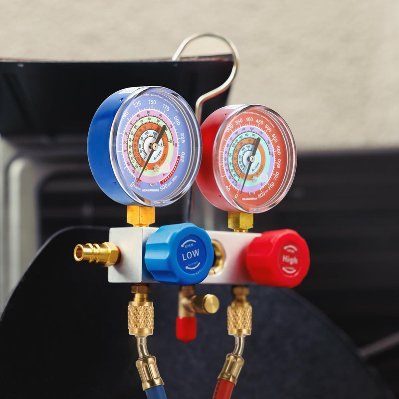 MEASUREMAN AC Manifold Gauge Set, 2-Way HVAC Diagnostic Tool for R410A, R22, R404A, R134a Refrigerants with Hoses, 3-1/8" Gauges, Class 1.6 Accuracy 30 inHg-500 PSI + 0-800 PSI