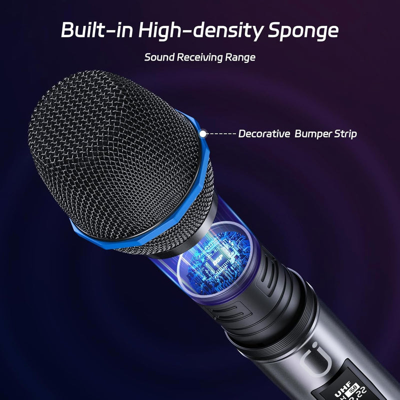 U60 Wireless Microphones, Dual UHF Microphone System with Rechargeable Receiver, Metal Karaoke Microphone for Singing, Wedding, DJ, Party, Speech, Church, Class, 200ft