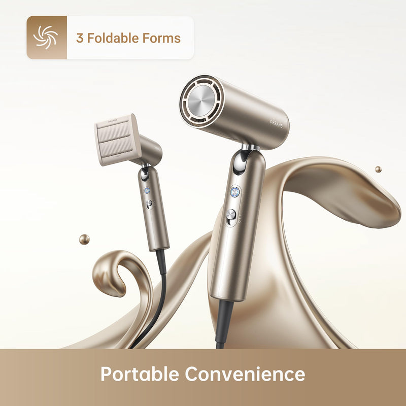  [AUSTRALIA] - DREAME Pocket High-Speed Hair Dryer, 110,000 RPM, 3 Foldable Forms, 300g | Anti-Frizz Nozzle, 300M Negative Ions, 40s NTC Fast Drying, 5 Temp Settings, <60dB Silent Tech Pocket-Gold