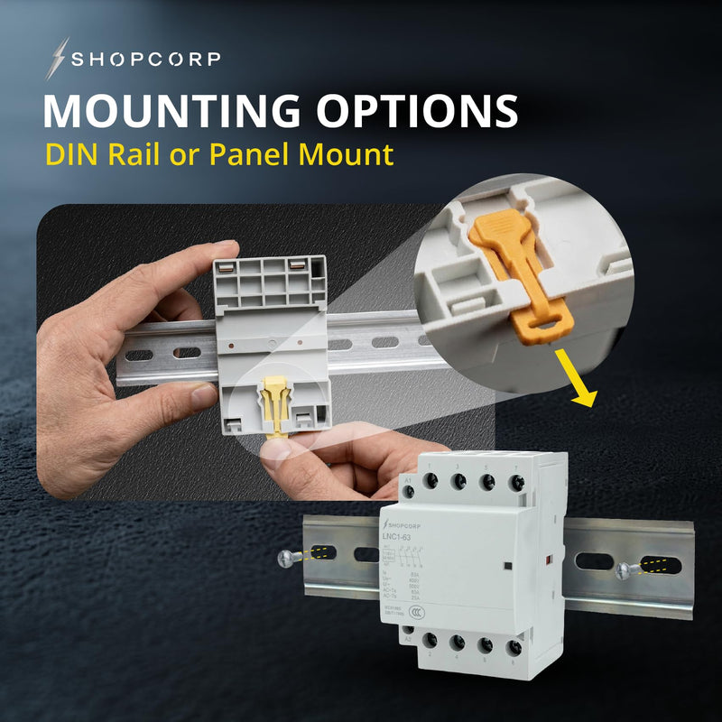 4 Pole Contactor 120v Coil Normally Open (NO) 60 amp IEC 400V AC Contactor - 110/120VAC Coil, Motor Load 40a and Lighting Load 60A, Silent Operation with Mounting Base for DIN Rail 1 Pack