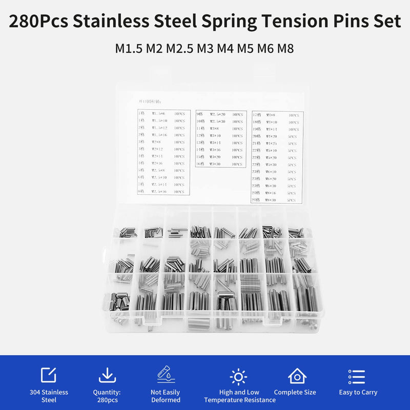 280Pcs Stainless Steel Roll Pin Assortment Kit Metric Slotted Spring Pins M1.5 to M8 Split Tension Pins for Automotive Machinery Industrial Repair