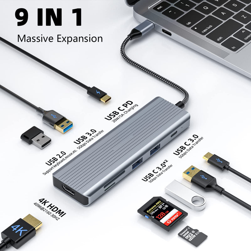 TOTU 9-in-1 USB C Hub with 4K HDMI, USB C to HDMI Adapter, 100W PD Charging, USB 3.0/2.0 Ports, SD/TF Card Reader, Compatible with MacBook Pro/Air, Dell, HP, Lenovo Laptops, Surface Pro