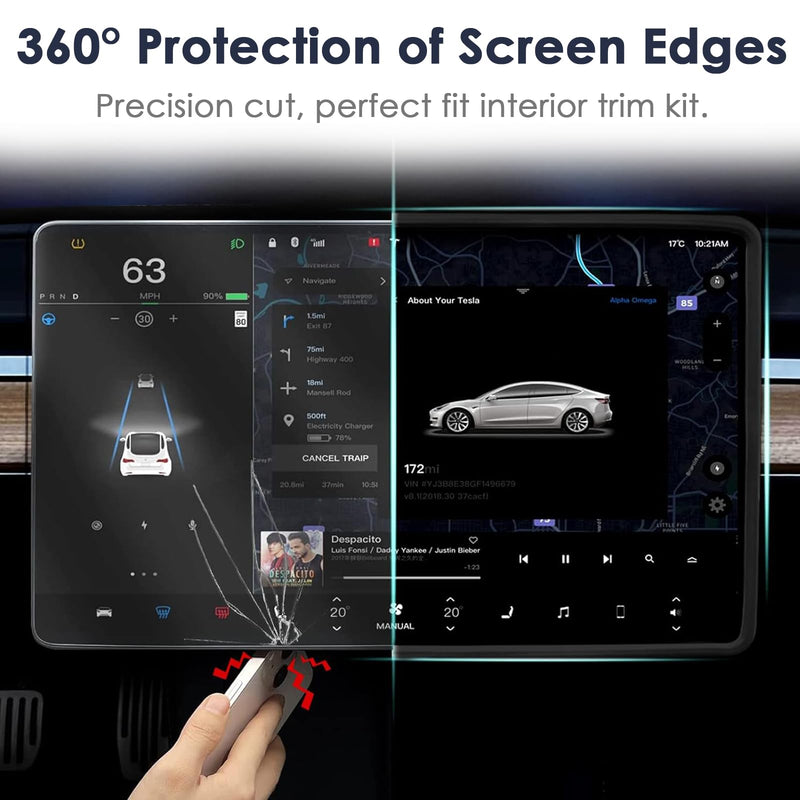 2PCS Protector Trim Frame Compatible with Tesla Model 3 Y 2020-2024 2025 2026 Screen Edge Frame Rearview Mirror Cover Interior Decorations Center Console Decor Highland Juniper Accessories Set (Black) Black