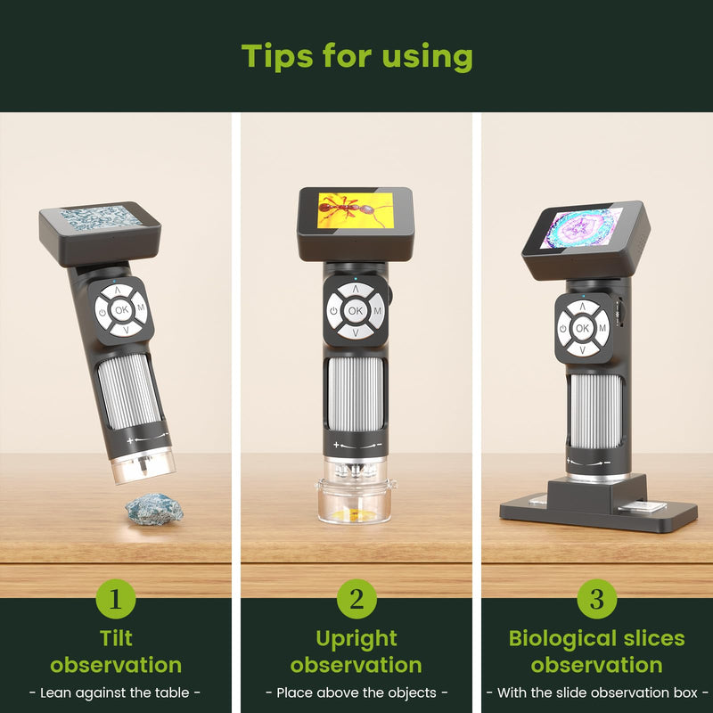 JL112 Handheld Microscope for Kids Adults, Portable Digital Microscope with 2" LCD Screen, 1080P USB Pocket Microscope Camera with 8 LED Lights, PC View, Microscope Slide Kit, 32GB