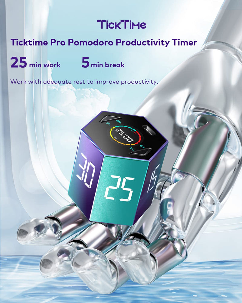 Ticktime Pomodoro Timer Cube, Hexagon Productivity Timer, Pause & Resume, Silent, Vibrate & Adjustable Sound Alert, for ADHD, Task, Work, Study, 5/15/25/30/45/60min & Custom Countdown, Purple Violet