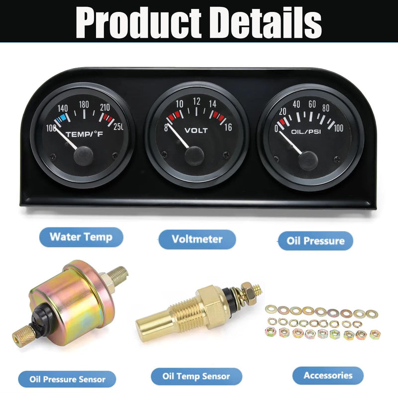 3-in-1 Triple Gauge Kit - Oil Pressure, Voltage & Water Temperature Gauges for Cars Black