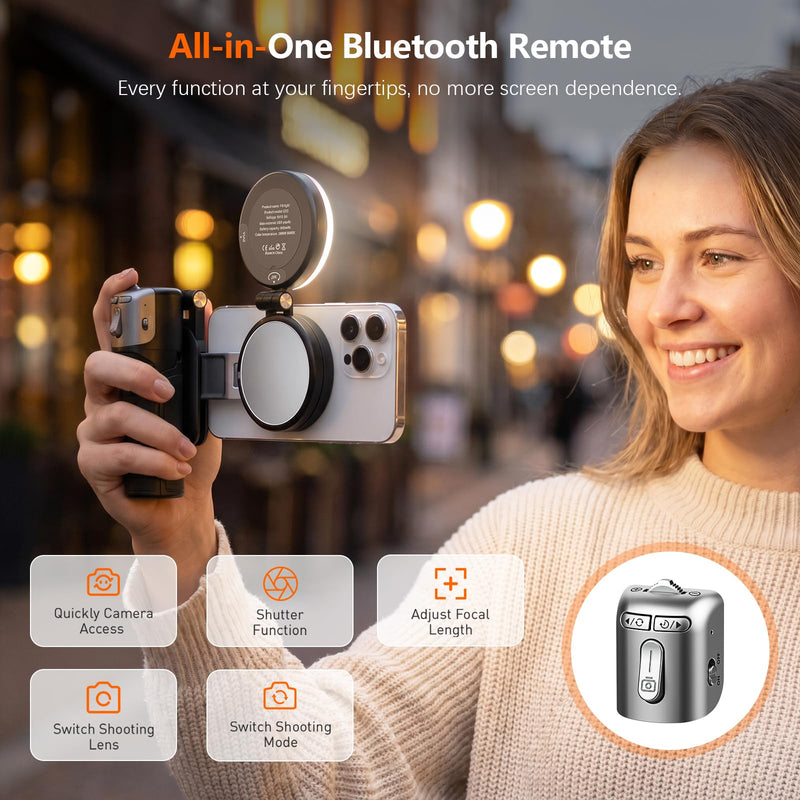 AMAZEAR Phone Camera Grip with Selfie Stick Tripod, Cellphone Accessories with Detachable Wireless Shutter Button for iPhone 16 17 Pro Max, Comfort Ergonomic Smartphone Handle Holder, White Standard Grip