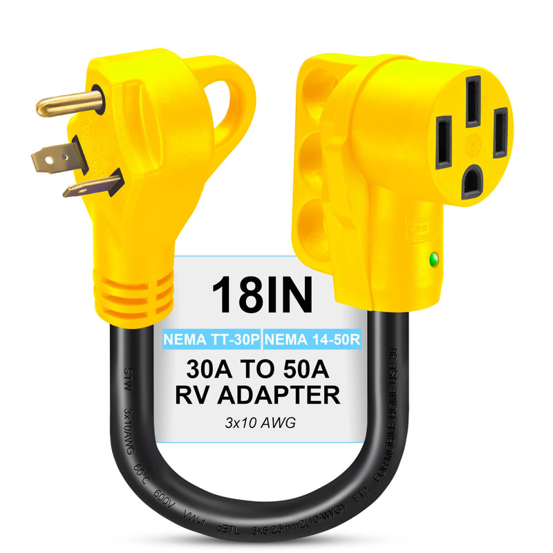 30 Amp to 50 Amp RV Adapter Cord 18 inch,NEMA TT-30P to NEMA 14-50R,Electrical Plug Adapter Rating for 30A/125V,Heavy Duty RV Adapter Cord with Grip Handle,ETL Listed RV3050F