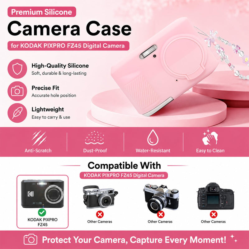 Case for Kodak PIXPRO FZ45 Digital Camera, Silicone Camera Case with Removable Lens Cover,Cute Beaded Charm Strap & 2 Pack Screen Protectors,Aesthetic Travel Camera Accessories (Smoked Pink) Smoked Pink