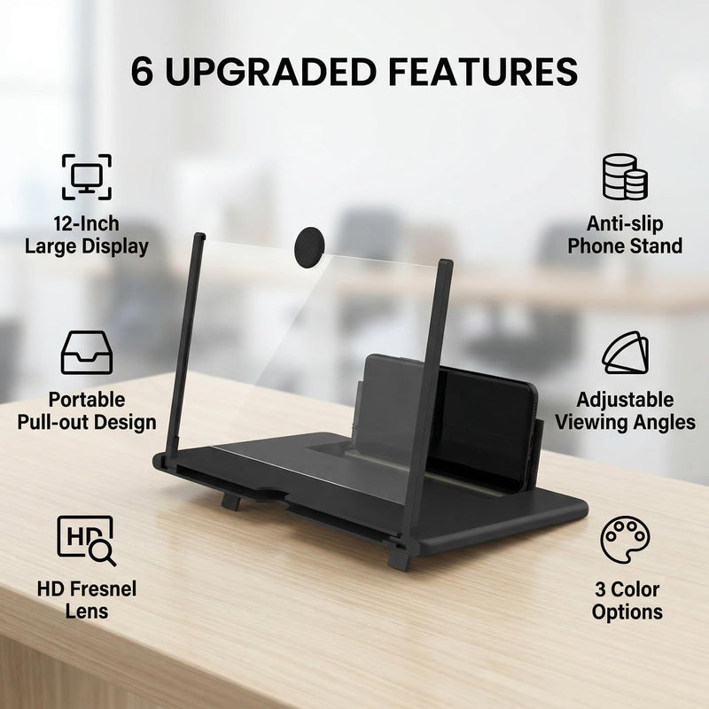 Magnifying Glass, 12 Inch High Definition Portable Screen Magnifier Foldable Sliding Design 3D HD Video Extender, Desktop Phone Holder for Movies Gaming and Phone Monitor Screen