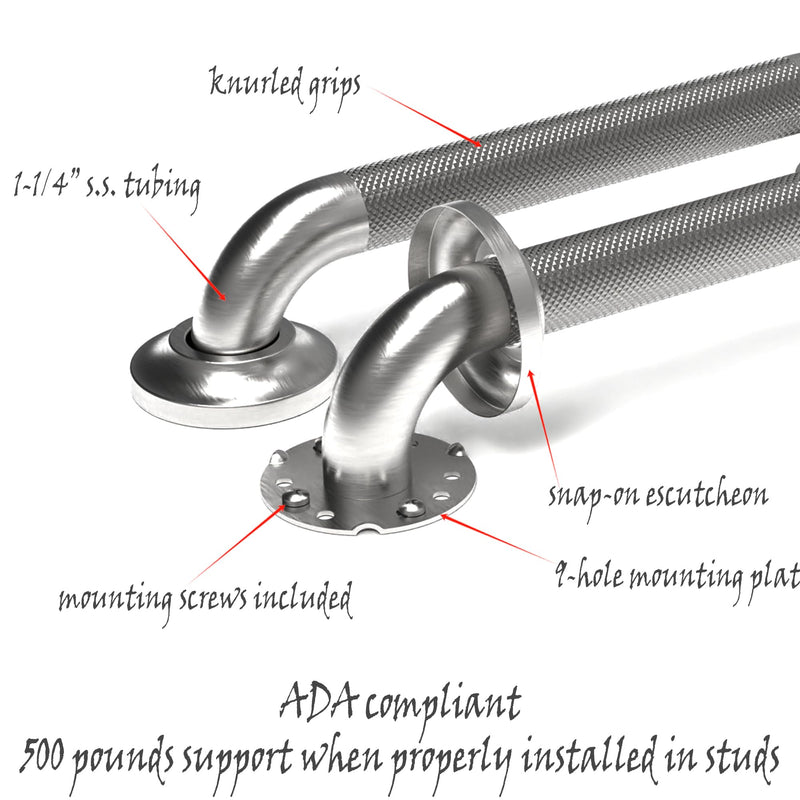 Grab Bar with Knurled Anti-Skid Grip, ADA Compliant 500lbs Supporting, Stainless Steel Brushed Nickel (12in, 1PK) 12in Chrome (Polished Nickel)