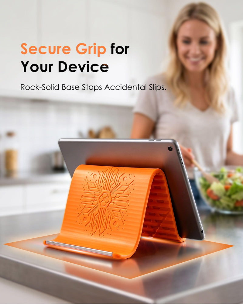 Airplane Phone Holder, Flexible Silicone Aluminum Phone Holder | Folding Cellphone Stand for Desk, Bed, Office, Treadmill - Airplane Gadgets for Long Travel Accessories - Plane Essential Orange
