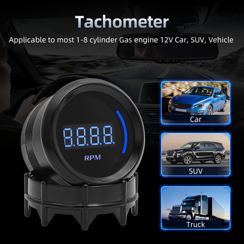 ARTILAURA 2" 52mm Tachometer 0-9000 RPM Gauge Blue Digital Tacho Meter for 12V Universal Car Auto