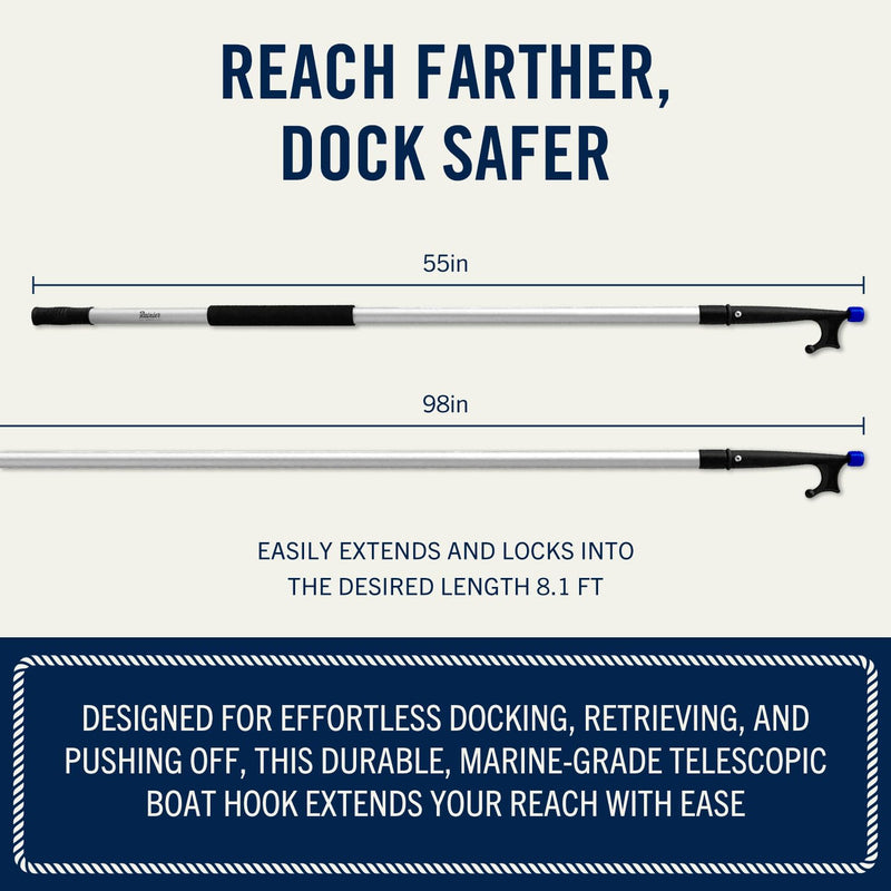 RainierSupplyCo Boat Hook with Telescoping Extension Push Pole for Docking & Mooring - Extends from 4.5 to 8 ft - Floating & Lightweight Boating Pole with Nylon Tip & Threaded End for Boat Accessories