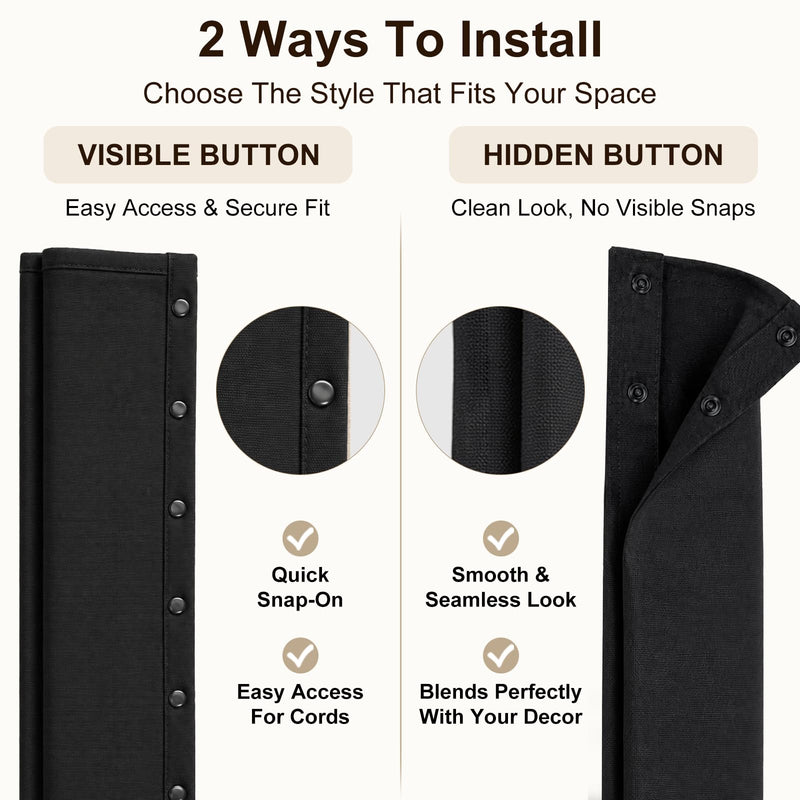 Black Farmhouse Cord Hider, TV Cord Cover and Cable Sleeve, 2 Pack 70.8 in with Button Snap Closure for Lamp Cord Black