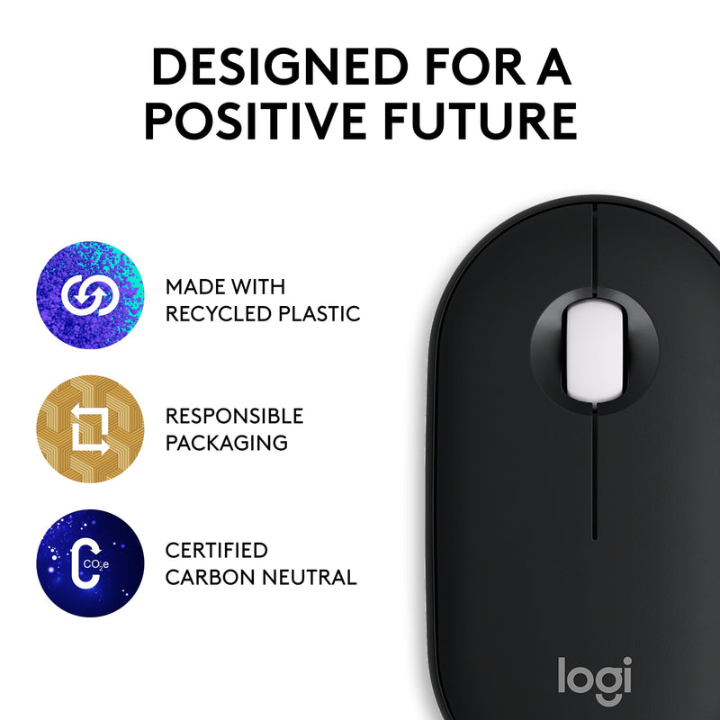 Logitech Pebble Mouse 2 M350s Slim Bluetooth Wireless Mouse, Portable, Lightweight, Customizable Button, Quiet Clicks, Easy-Switch for Windows, macOS, iPadOS, Android, Chrome OS - Black Pebble 2