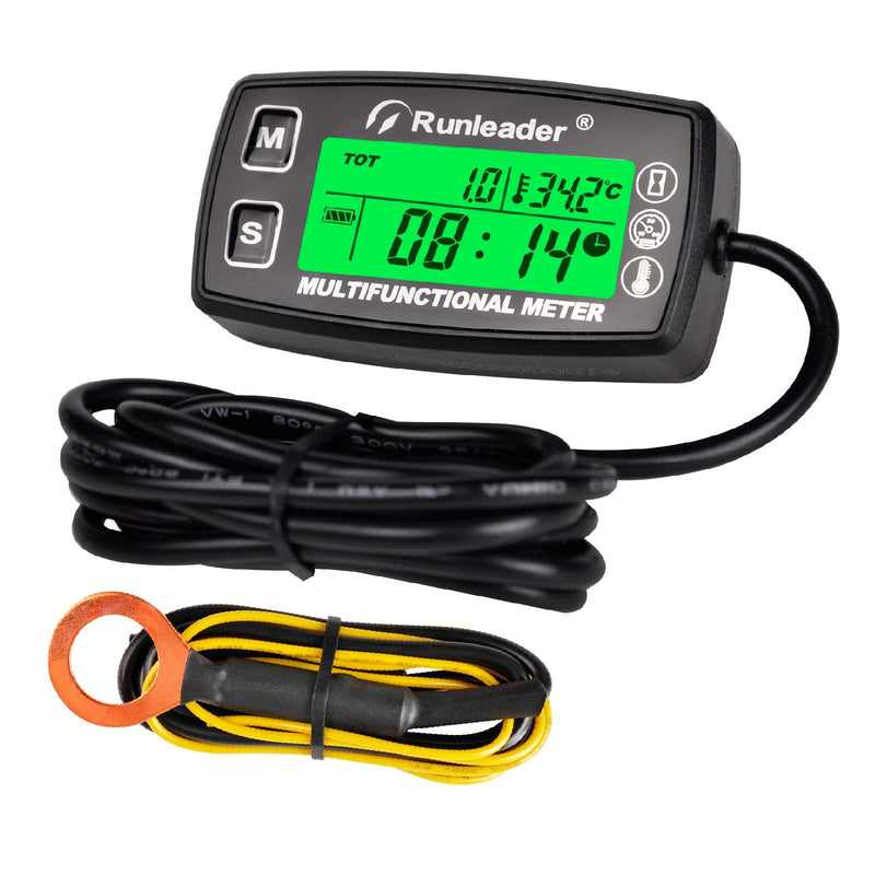 Runleader Digital Tach Hour Meter,Engine Temperature Gauge,Alert RPM & Temp,Backlights Display for Lawn Tractor Compressor Generator Snowmobile Marine Jet Ski Pit Bike RL-HM035A-TS002