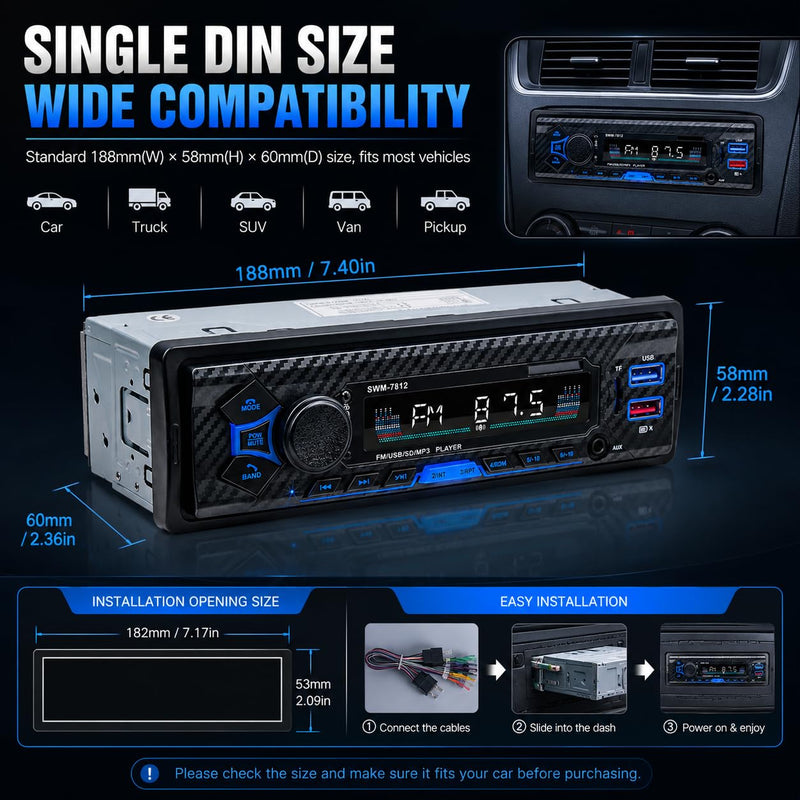 Single Din Car Radio Stereo with Bluetooth | AI Voice Control, Steering Wheel Control, FM Radio, USB Fast Charging, AUX Input & Subwoofer Output