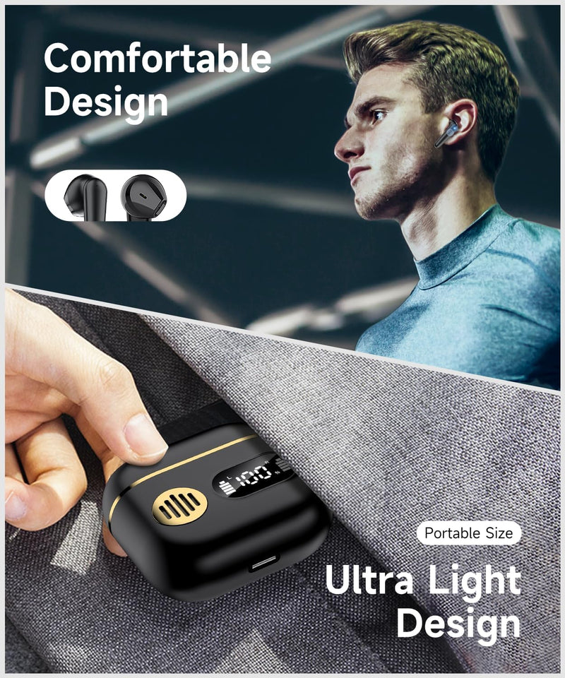 CoolJumper Wireless Bluetooth 6.1 Earbuds with Real-Time AI Assisted Translation, Digital LED Charging Case Waterproof Sport in Ear Headphones for Travel Gym Running Solid black