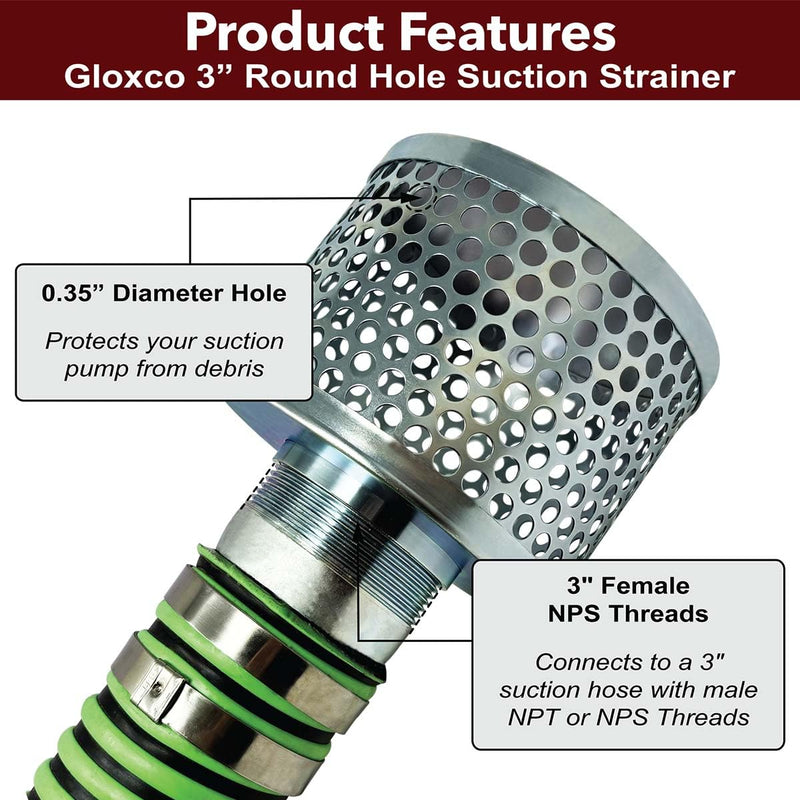 Gloxco 3" Suction Strainer, Round Hole, Zinc Plated Steel (STR-RH300) 3" Connection