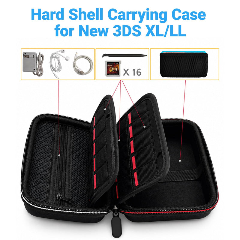 QUBAMG 6-1 Accessories Kit Compatible with New Nintendo 3DS XL/LL, Hard EVA Carrying Case, Clear PC Protective Case, Charger Cable, 4 Replacement Stylus Pens, Screen Protector Set, Cleaning Wipes, Full Protection Bundle