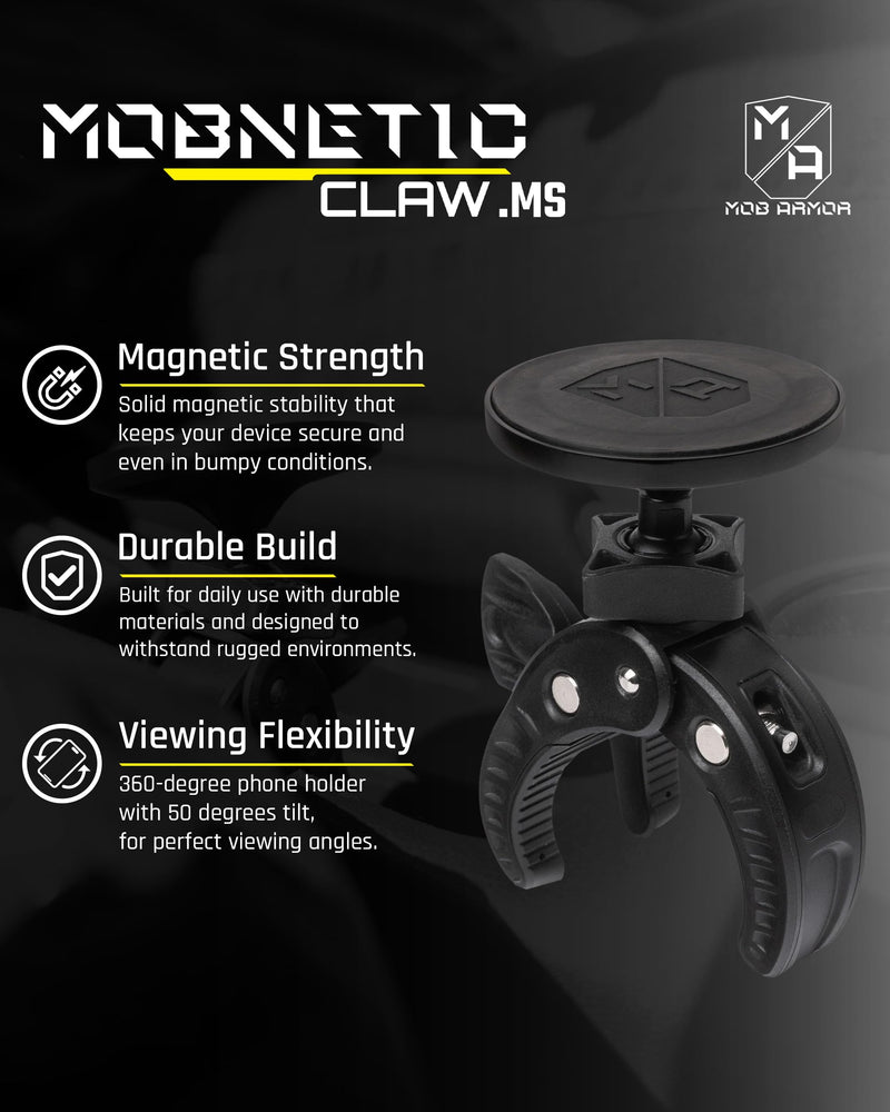 Mob Armor MobNetic Claw .MS MagSafe Compatible Claw Phone Mount – Adjustable Grip for Tubes 0.25‑2", Iron‑Strong Magnetic Hold, 360° Spin & 50° Tilt for Trucks, Work Rigs, Cars & Closed Cabs