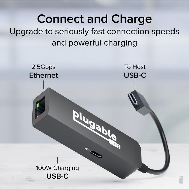 Plugable USB C to Ethernet Adapter 2.5Gb with 100W USB-C PD Charging, 2.5 Gigabit Type C USB Ethernet Adapter for Windows, MacBook, Chrome, iPad, Surface, XPS, Thunderbolt 4, USB4 (USBC-E2500PD)