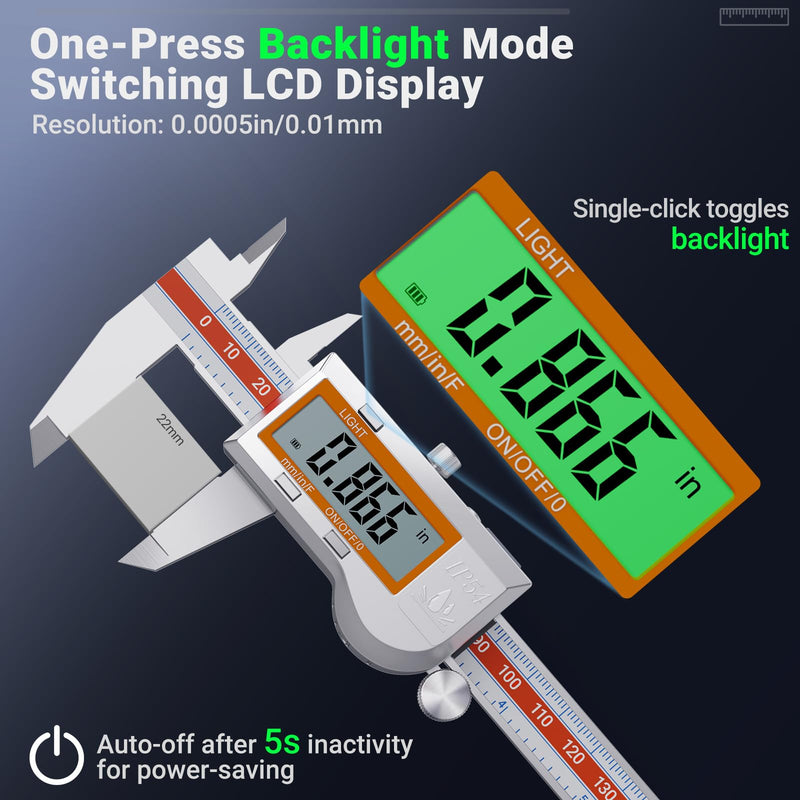 Preciva Digital Caliper Measuring Tool, Stainless Steel Digital Micrometer Vernier Caliper, with Backlight LCD, Auto-Off Feature, IP54 Splash Proof Protection and Inch Metric Conversion 6 Inch/150 mm