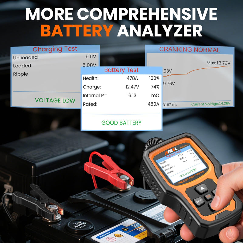 ANCEL AD410 PRO OBD2 Scanner and Battery Tester,2-in-1 Car Diagnostic Tool,Check Engine Light,EVAP Test,Live Data,6V/12V Battery Analyzer with Cranking & Charging System Test for Car Motorcycle yellow