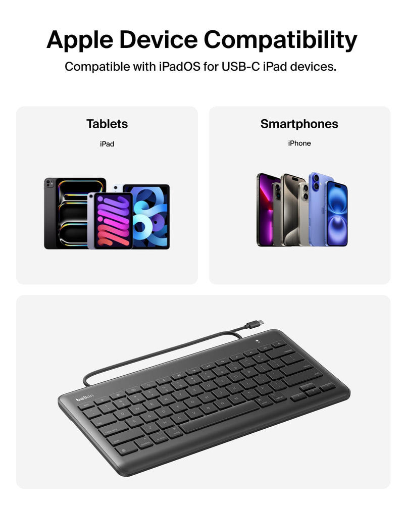 Belkin USB-C Wired Keyboard Full-Size, Plug & Play iPad A16/10th Gen | no batteries required, durable accessory, schools, offices, travel, full-size keys, classroom tablet
