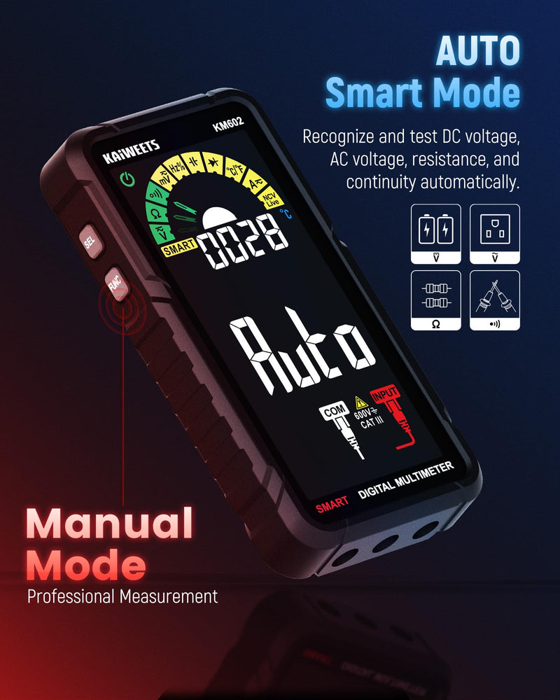 KAIWEETS Smart Multimeter Rechargeable Electrical Tester with Auto Ranging Digital Voltmeter Measures Voltage Current Resistance Continuity Capacitance Temperature Frequency NCV 6000 Counts TRMS Black KM602 Full-Screen Smart Multimeter
