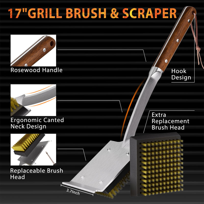 ENLOY Grill Brush and Scraper for Barbecue, 17" Grill Brush for Outdoor Grill, Extended Rosewood Handle and 2 Replaceable Copper Wire Brush Heads, Grill Cleaning Brush Grill Accessories for Most Grill Grill Brush & Scraper
