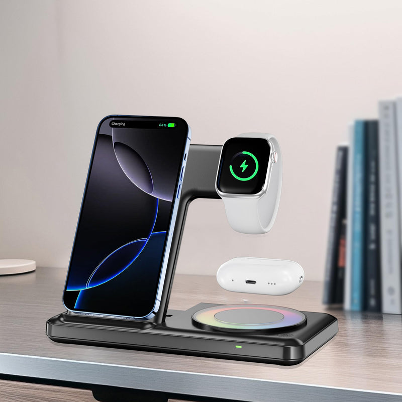 Wireless Charging Station with RGB Light for iPhone 17 16 15 14 Pro Max 13 12, Travel 3 in 1 Wireless Charger Stand for Apple Multiple Devices, iWatch 11 10 9 8 7 6 5 4 3 2, Airpods 4 3 Pro White