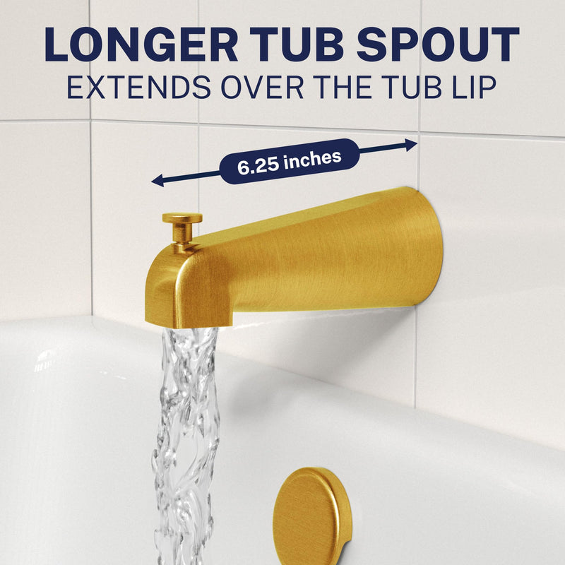 HammerHead Showers Solid Metal Tub Spout with Diverter, Slip On Bath Tub Spout for ½” Copper Pipe, Easy Install Bathtub Faucet, Brushed Gold