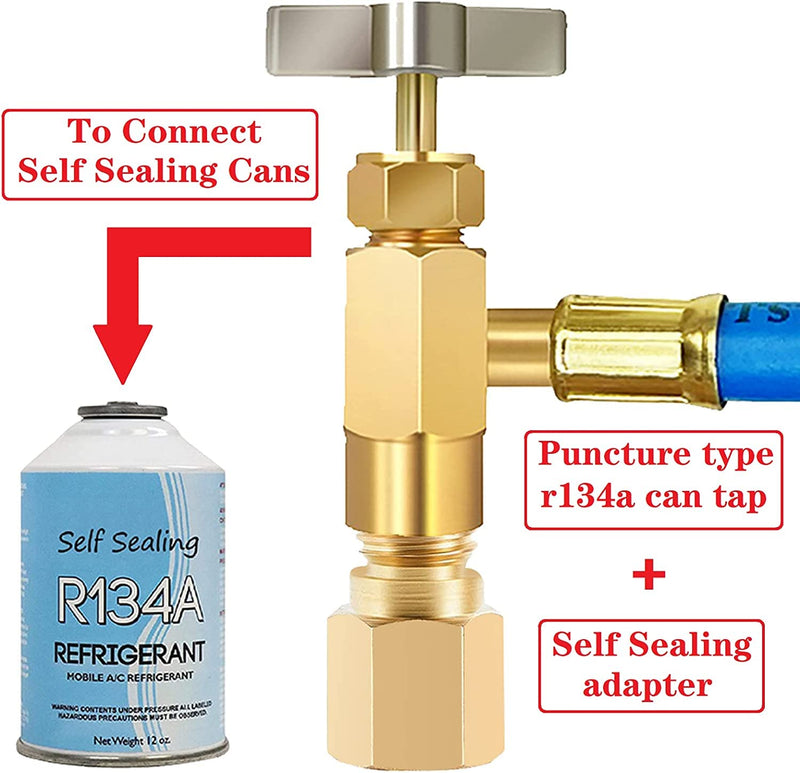 Refrigerator Freon Recharge Hose Gauge Kit-A/C R134a R12 R22 R502 Fridge Recharge Tool Kit with BPV31 Bullet Piercing Tap Valve, r134a Quick Coupler, R134a Self-Sealing Adapter for Refrigerant System B