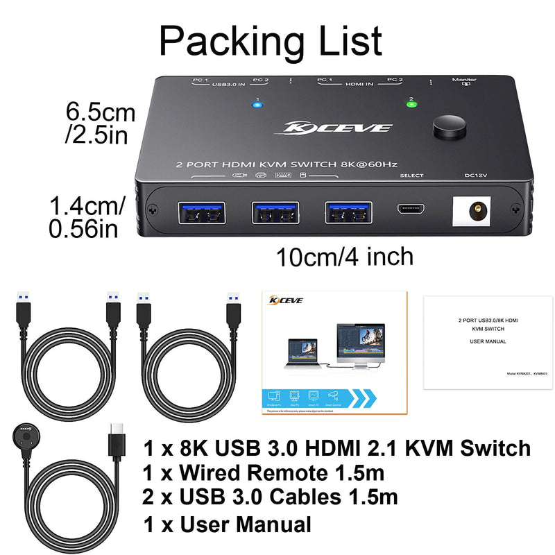 KCEVE HDMI KVM Switch 2 Computer 1 Monitor 8K@60Hz, KVM Switch HDMI 2 Port with 3 USB3.0, Wired Remote, Power Adapter and USB Cables 8K HDMI KVM 2 PC 1 Monitor