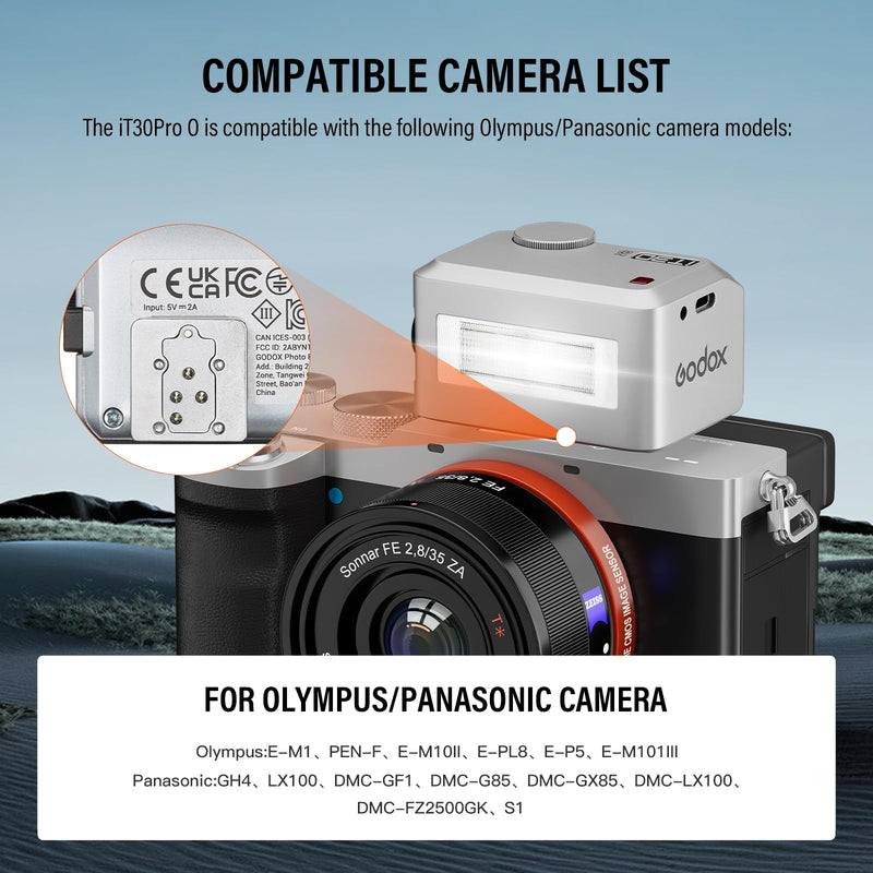 Godox iT30 Pro O Mini TTL Flash for Olympus Panasonic Cameras Godox iT30Pro O- Wireless Master & Receiver 2.4G Wireless Touchscreen, GN15, 1/8000s HSS Speedlite, Built-in Diffuser and Lithium Battery IT30 PRO O (Silver)