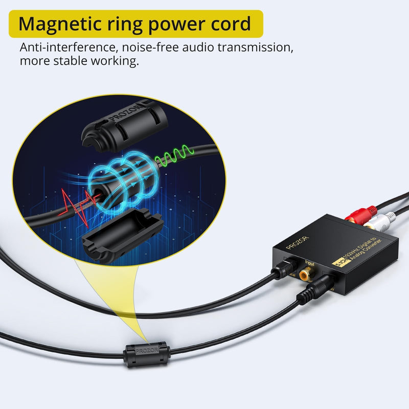 PROZOR 192Khz Digital to Analog Audio Converter Support 5.1CH Optical to RCA Converter with Magnetic Ring Power Cord Digital Toslink SPDIF to Analog L/R RCA 3.5mm Adapter for HDTV Blu-Ray DVD PS3 PS4 5.1CH Dolby Digital & DTS Decoder - Aluminum Alloy