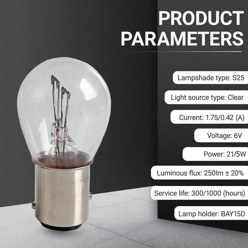 10 PCS Car S25 BAY15D Brake Bulb, 6V 21/5W High Brightness Waterproof Double Filament Bulb, Clear Light Double Contact Brake Tail Light for Most Motorcycles, Plug and Play (White) 10 PCS White #BAY15D