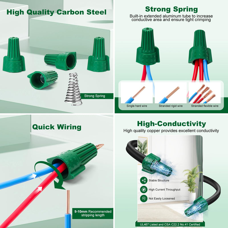 Leepenk 300PCS Green Ground Wire Nuts with Hole,14-10 AWG Winged Electrical Wire End Connectors Caps,UL and CSA Certified P99,Twist-On Easy Screw-On for Cable Grounding,Ideal Electrical Connectors 300