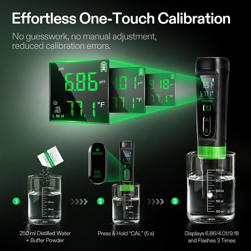 VIVOSUN Aerolab Digital pH Meter Kit ±0.01 High Accuracy, Waterproof pH Tester Pen with Replaceable Probe, LCD Display, Auto Temperature Compensation, Calibration Powder for Hydroponics, Gardening Black