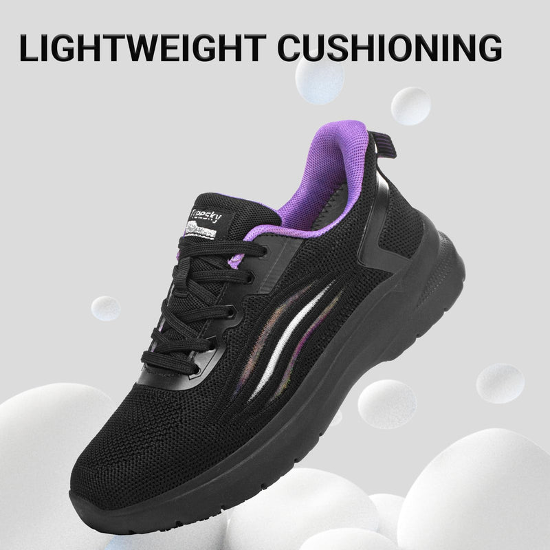 Treesky Black Non Slip Work Shoes for Women, Restaurant & Kitchen Sneakers | Slip resistant soles, lightweight cushioning, breathable knit, removable insole, for nursing, food service & long shifts 8 Black Purple