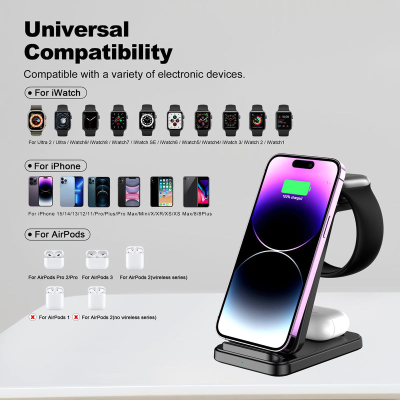 3 in 1 Wireless Charging Station, Fast Wireless Charger for iPhone 17 16 15 14 13 12 Pro Max Plus Air, Charger Stand for iWatch 11 10 9 8 7 6 5 4 3 2 Ultra SE, for Airpods 4 3 2 Pro Purple