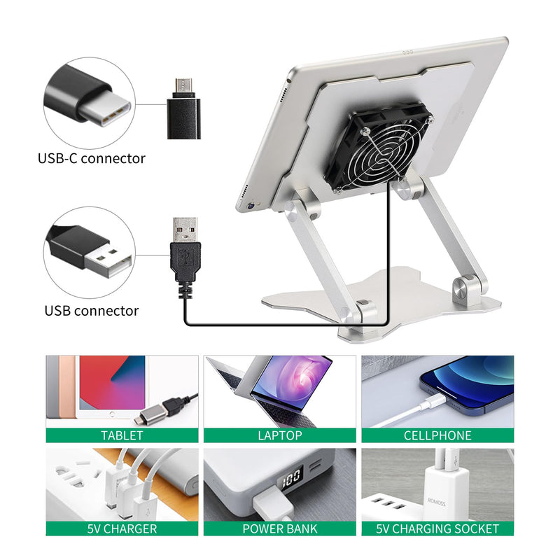 Surface Pro Stand, iPad Cooler,Aluminum Cooling Pad,Sturdy Tablet Stand Holder with Quiet Fan for Microsoft Surface Tablets,iPad Series,Samsung Galaxy Tabs-Up to 15-in Tablets Silver