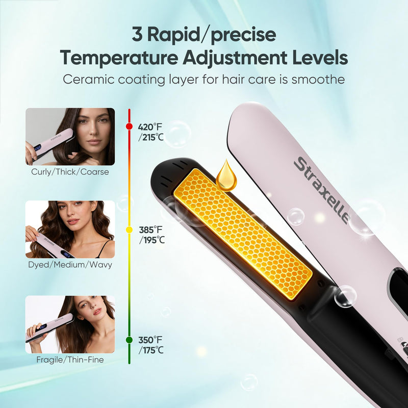 Mini Cordless Hair Straighteners and Curler,5000mAh Rechargeable Travel Straighteners Cordless with LED Display,2 in 1 Portable Flat Iron Hair Straightener 3 Temp Levels for Fine to Thick Hair (Pink) Pink