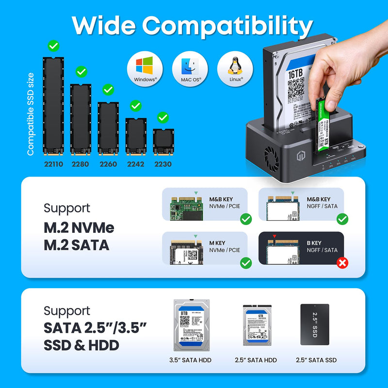 GRAUGEAR M.2 NVMe & SATA HDD Hard Drive Docking Station, USB-C 10Gbps NVMe Reader, SATA to NVMe M.2 Cloner, 3.5/2.5 inch SATA SSD Enclosure Clone Station, Dual Bay Offline Clone
