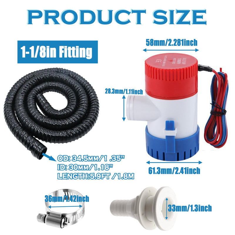 1-1/8 Boat Bilge Pump Hose Kit,1100gph Electric 12v Bilge Pump Can Choose,1-1/8 Dia 6 FT Kink-Free PVC Hose,1-1/8 Inch ABS Thru-Hull Fitting,2PCS Stainless Steel Hose Clamps for Boat Marine Hose Kit+Manual Bilge Pump