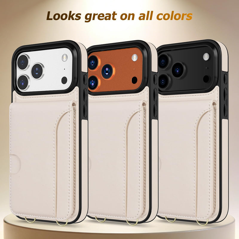 LOHASIC for iPhone 17 Pro Max Wallet Case with Strap, Card Holder, Beige | 4 Card Slots & Cash Slot, Crossbody Strap Removable, Wrist Strap, RFID Blocking, Kickstand, Vegan Leather Phone Case